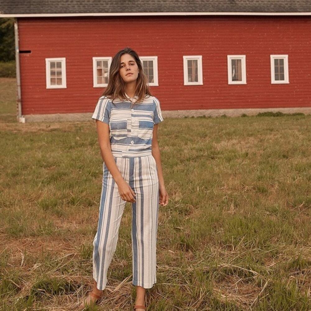 Christy Dawn Prudence Linen Short Sleeve Jumper Nilah Striped Blue White Size M